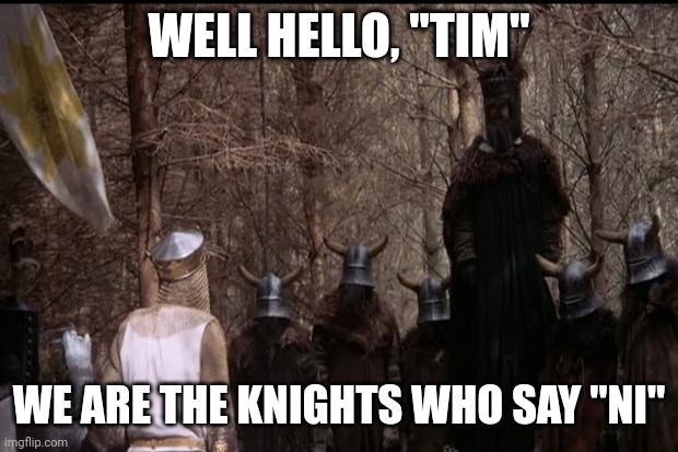 knights who say ni | WELL HELLO, "TIM" WE ARE THE KNIGHTS WHO SAY "NI" | image tagged in knights who say ni | made w/ Imgflip meme maker