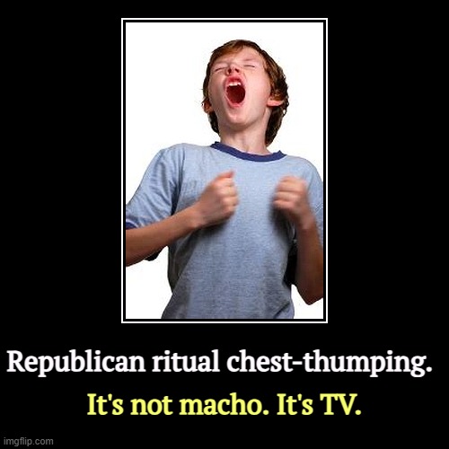 When Republicans say they can handle things better, that's fantasy for TV. Republicans have never handled anything better. | Republican ritual chest-thumping. | It's not macho. It's TV. | image tagged in funny,demotivationals,republican,phony,macho,tough | made w/ Imgflip demotivational maker