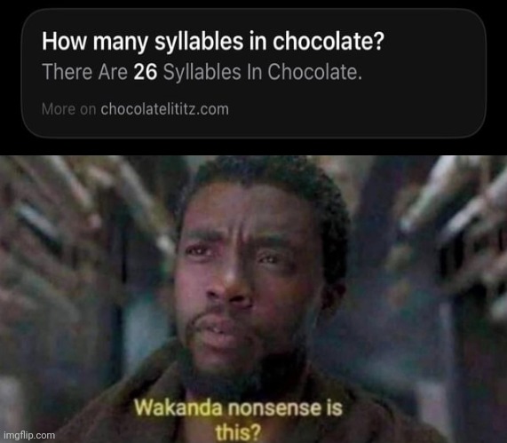 "26 syllables in chocolate" | image tagged in wakanda nonsense is this,chocolate,syllables,you had one job,memes,syllable | made w/ Imgflip meme maker