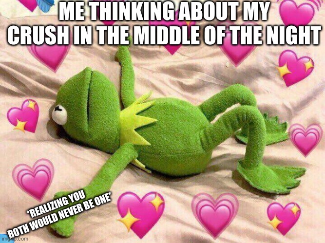 Does this happen to you too? | ME THINKING ABOUT MY CRUSH IN THE MIDDLE OF THE NIGHT; *REALIZING YOU BOTH WOULD NEVER BE ONE* | image tagged in kermit the frog,meme,relatable | made w/ Imgflip meme maker