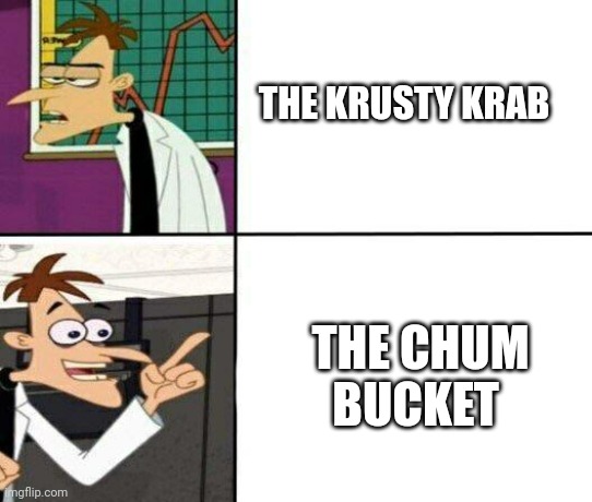 Doofenshmirtz drake meme | THE KRUSTY KRAB; THE CHUM BUCKET | image tagged in drake but it's doofenshmirtz | made w/ Imgflip meme maker