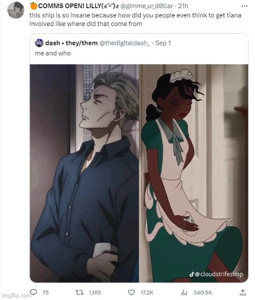 So apparently the jjk Fandom has lost it and is shipping Disney princesses with characters... I actually think Nanami and Tiana  | image tagged in anime | made w/ Imgflip meme maker