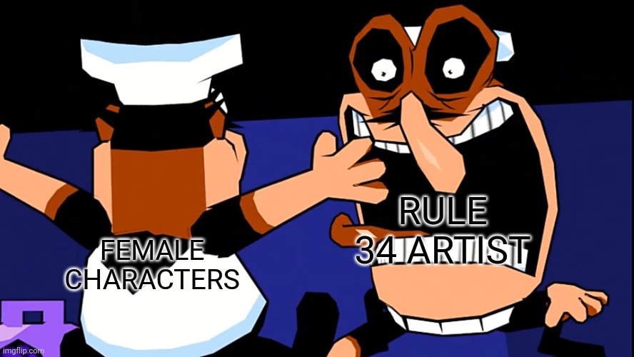 RULE 34 IS THREAT | RULE 34 ARTIST; FEMALE CHARACTERS | image tagged in fake peppino charging at peppino,rule 34,female,characters | made w/ Imgflip meme maker