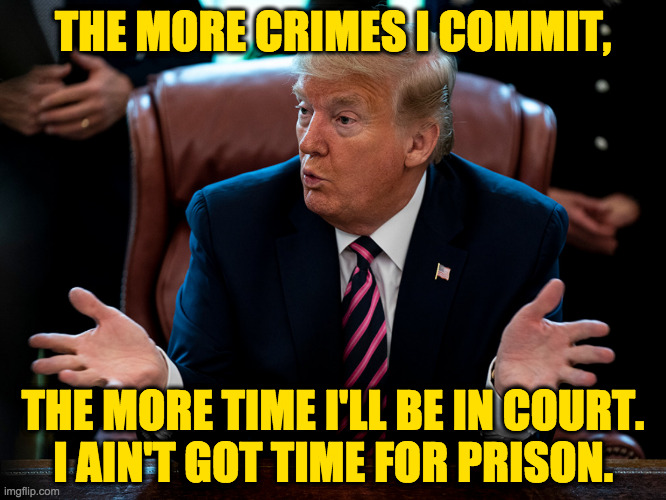 Crime and Avoiding Punishment. | THE MORE CRIMES I COMMIT, THE MORE TIME I'LL BE IN COURT.
I AIN'T GOT TIME FOR PRISON. | image tagged in memes,trump,prison | made w/ Imgflip meme maker