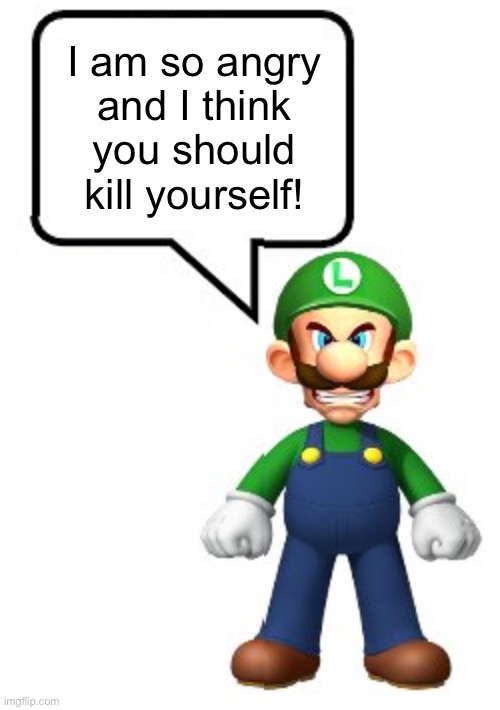 Luigi KYS | I am so angry
and I think
you should kill yourself! | image tagged in luigi kys | made w/ Imgflip meme maker