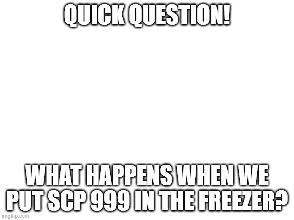 from: a beginner researcher to: the rest of the foundation (O5-1 note: Small sample first.) | QUICK QUESTION! WHAT HAPPENS WHEN WE PUT SCP 999 IN THE FREEZER? | image tagged in scp research | made w/ Imgflip meme maker