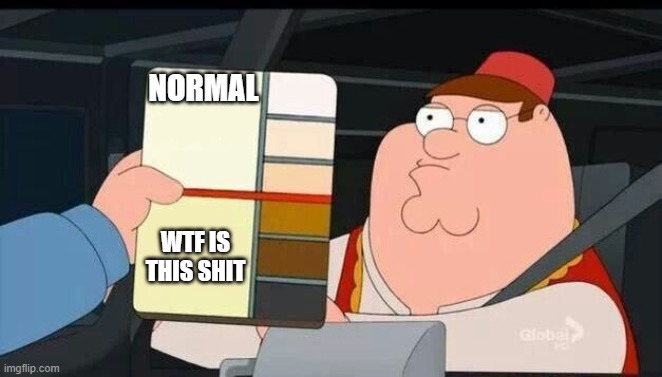 Peter Griffin skin color chart race terrorist blank | NORMAL WTF IS THIS SHIT | image tagged in peter griffin skin color chart race terrorist blank | made w/ Imgflip meme maker