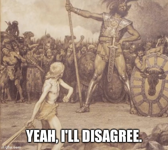 David vs Goliath | YEAH, I'LL DISAGREE. | image tagged in david vs goliath | made w/ Imgflip meme maker