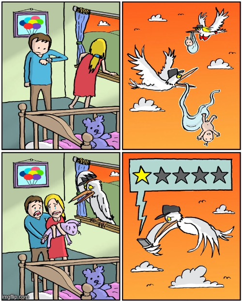 Baby overdue | image tagged in anxious parents,overdue baby,delivery dropped,one star,amazon delivery bird,comics | made w/ Imgflip meme maker