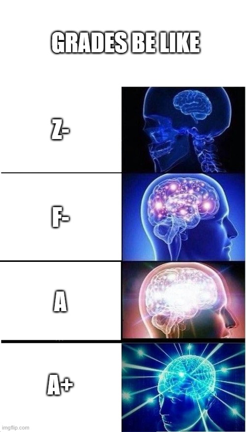 grades be like | GRADES BE LIKE; Z-; F-; A; A+ | image tagged in memes,expanding brain | made w/ Imgflip meme maker
