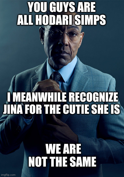 Gus Fring we are not the same | YOU GUYS ARE ALL HODARI SIMPS; I MEANWHILE RECOGNIZE JINA FOR THE CUTIE SHE IS; WE ARE NOT THE SAME | image tagged in gus fring we are not the same | made w/ Imgflip meme maker