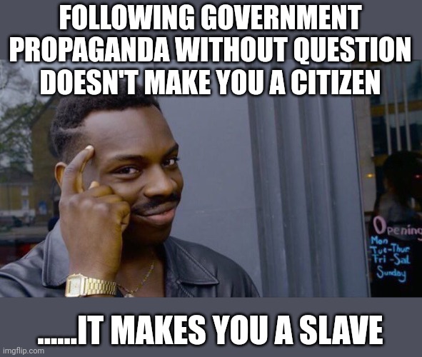 The end is nigh | FOLLOWING GOVERNMENT PROPAGANDA WITHOUT QUESTION  DOESN'T MAKE YOU A CITIZEN; ......IT MAKES YOU A SLAVE | image tagged in memes,roll safe think about it | made w/ Imgflip meme maker