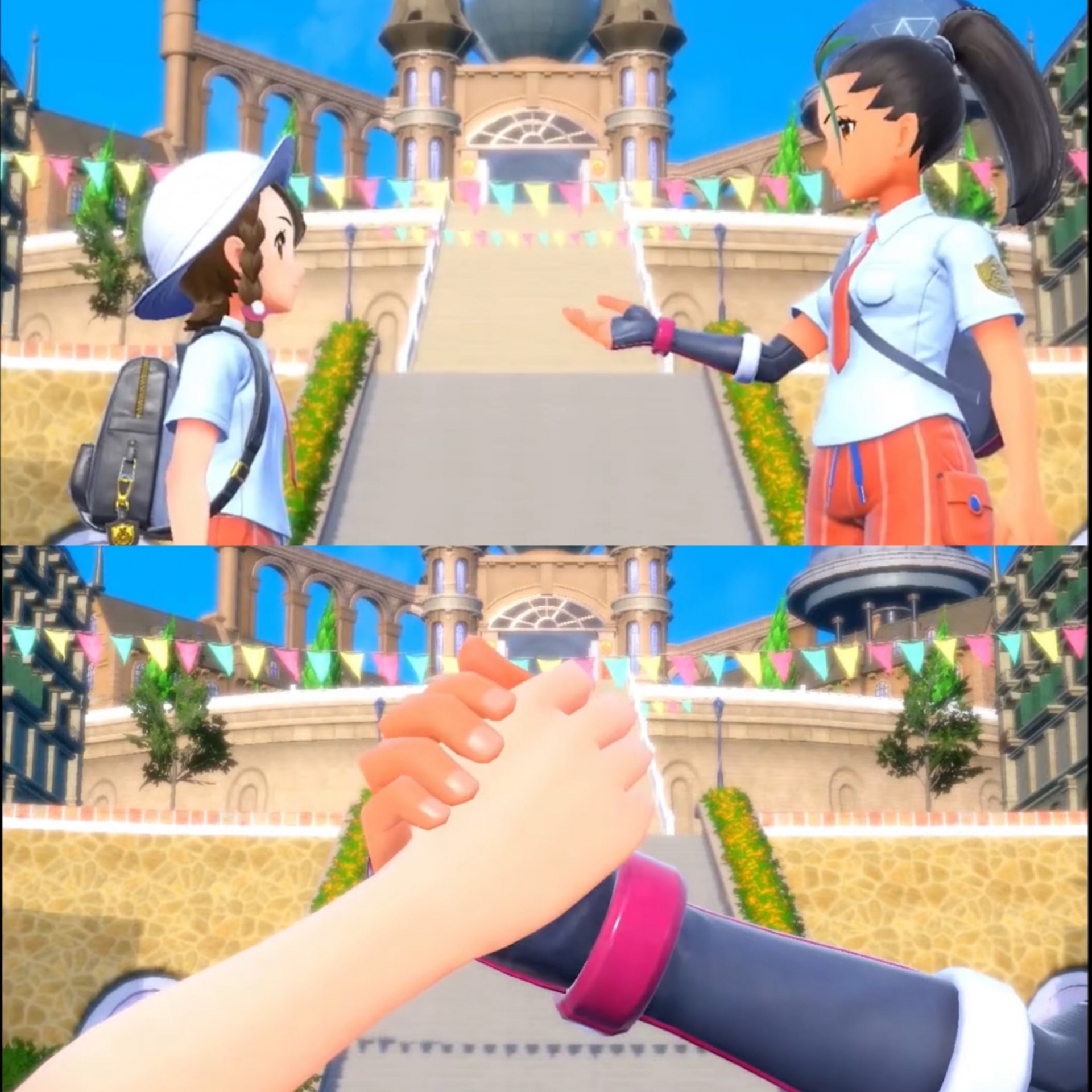 Nemona handshaking with the protagonist/player character Blank Meme Template