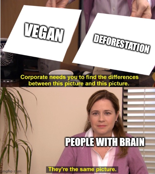 Anti-vegans meme | VEGAN; DEFORESTATION; PEOPLE WITH BRAIN | image tagged in corporate wants you to find the difference,vegans,funny | made w/ Imgflip meme maker