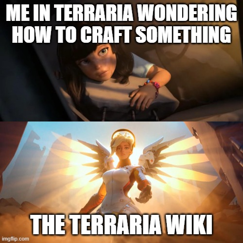 who else uses the wiki too? | ME IN TERRARIA WONDERING HOW TO CRAFT SOMETHING; THE TERRARIA WIKI | image tagged in overwatch mercy meme | made w/ Imgflip meme maker
