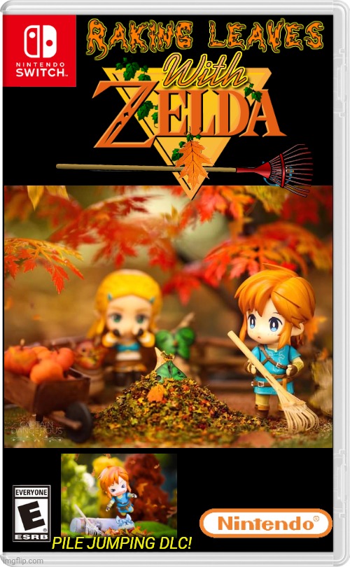 RAKE LEAVES WITH LINK AND ZELDA | PILE JUMPING DLC! | image tagged in nintendo switch,the legend of zelda,link,autumn leaves,zelda,fake switch games | made w/ Imgflip meme maker