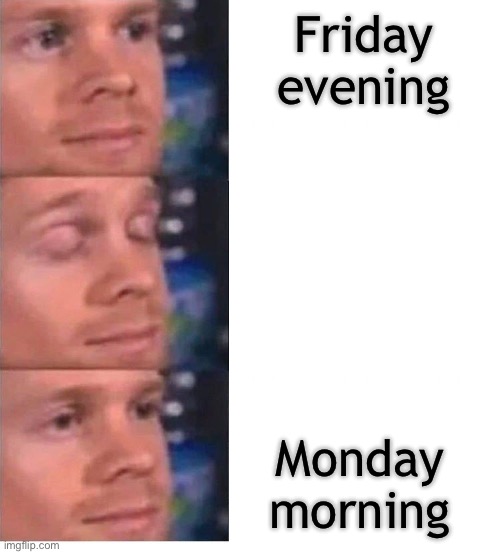 Weekends be like: | Friday evening; Monday morning | image tagged in eye blink math,weekend,blink,blinking guy,meme,relatable | made w/ Imgflip meme maker
