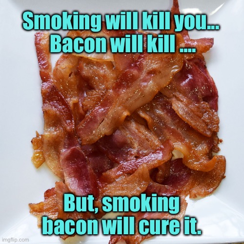 Smoking can kill | Smoking will kill you... 
Bacon will kill …. But, smoking bacon will cure it. | image tagged in plate o' bacon,smoking a killer,bacon can kill,smoking bacon,will cure it,fun | made w/ Imgflip meme maker