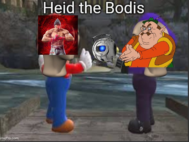 Morshu and kazuya throw W******y in a river | image tagged in heid the bodis | made w/ Imgflip meme maker