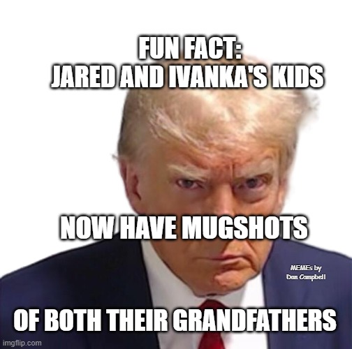 Trump mugshot | FUN FACT:
JARED AND IVANKA'S KIDS; NOW HAVE MUGSHOTS; MEMEs by Dan Campbell; OF BOTH THEIR GRANDFATHERS | image tagged in trump mugshot | made w/ Imgflip meme maker