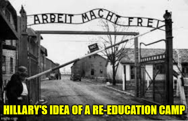 auschwitz | HILLARY'S IDEA OF A RE-EDUCATION CAMP | image tagged in auschwitz | made w/ Imgflip meme maker