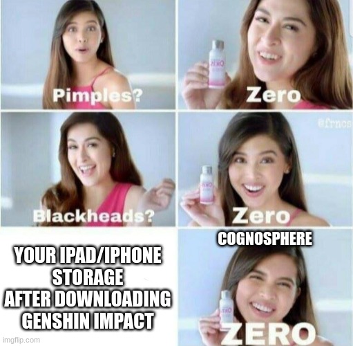 why cognosphere, why? | COGNOSPHERE; YOUR IPAD/IPHONE STORAGE AFTER DOWNLOADING GENSHIN IMPACT | image tagged in pimples zero | made w/ Imgflip meme maker