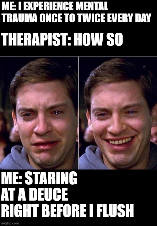 Peter Parker Sad Cry Happy cry | ME: I EXPERIENCE MENTAL TRAUMA ONCE TO TWICE EVERY DAY; THERAPIST: HOW SO; ME: STARING AT A DEUCE RIGHT BEFORE I FLUSH | image tagged in peter parker sad cry happy cry,memes,funny | made w/ Imgflip meme maker