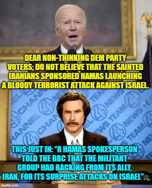 So Dems . . . who are you going to BELIEVE? | DEAR NON-THINKING DEM PARTY VOTERS; DO NOT BELIEVE THAT THE SAINTED IRANIANS SPONSORED HAMAS LAUNCHING A BLOODY TERRORIST ATTACK AGAINST ISRAEL. THIS JUST IN: “A HAMAS SPOKESPERSON TOLD THE BBC THAT THE MILITANT GROUP HAD BACKING FROM ITS ALLY, IRAN, FOR ITS SURPRISE ATTACKS ON ISRAEL”. | image tagged in truth | made w/ Imgflip meme maker