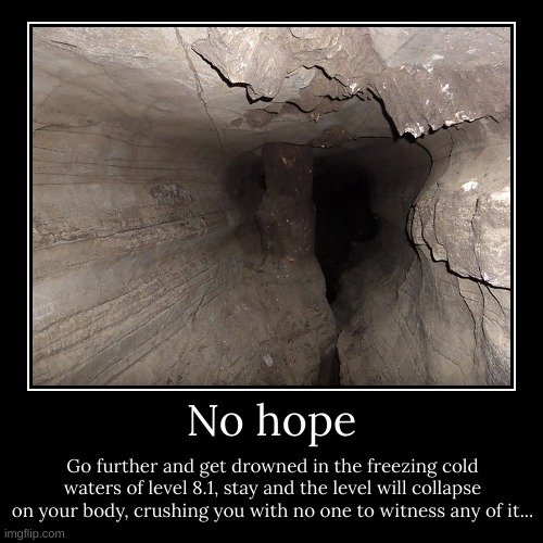 No hope | Go further and get drowned in the freezing cold waters of level 8.1, stay and the level will collapse on your body, crushing you w | image tagged in funny,demotivationals | made w/ Imgflip demotivational maker
