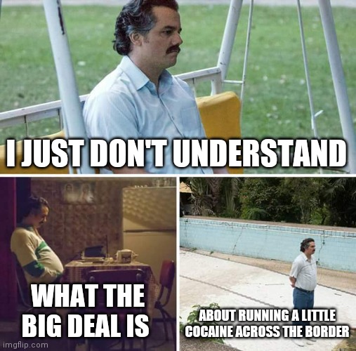 Sad about running product | I JUST DON'T UNDERSTAND; WHAT THE BIG DEAL IS; ABOUT RUNNING A LITTLE COCAINE ACROSS THE BORDER | image tagged in memes,sad pablo escobar,funny memes | made w/ Imgflip meme maker