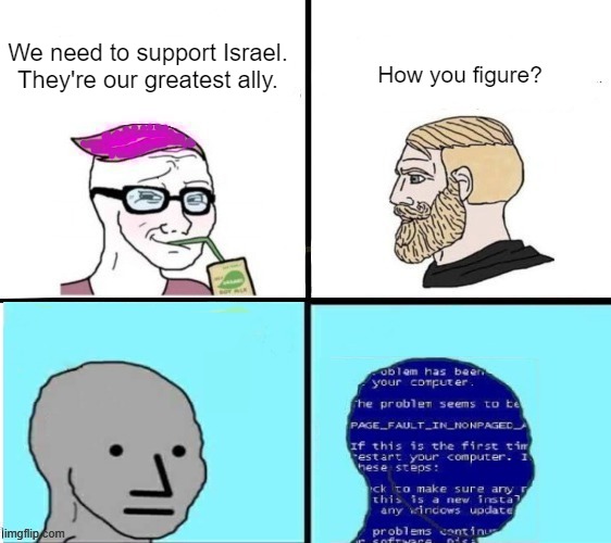 Do you mean people on TV would just LIE? | We need to support Israel. They're our greatest ally. How you figure? | made w/ Imgflip meme maker