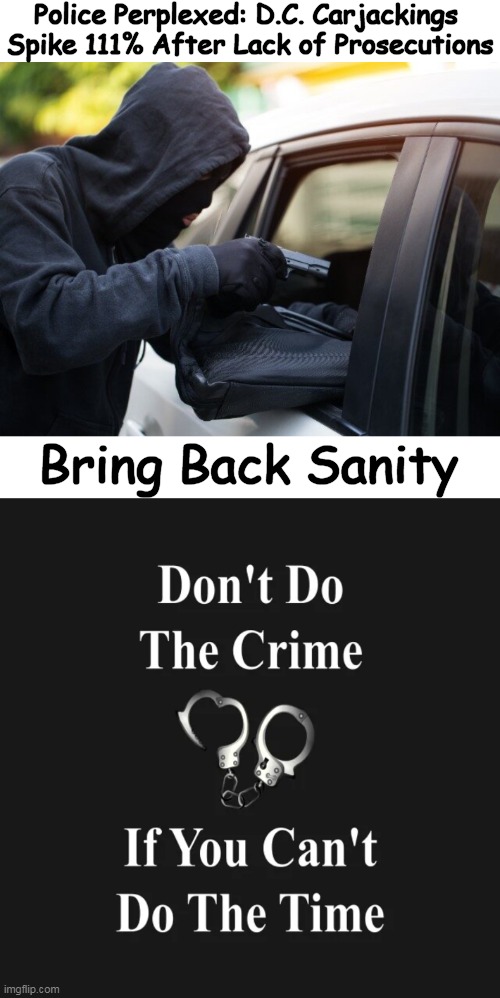NOVEL IDEA--Protect Citizens, Not Criminals! | Police Perplexed: D.C. Carjackings 
Spike 111% After Lack of Prosecutions; Bring Back Sanity | image tagged in politics,liberal logic,soft on crime,partners in crime,common sense,political humor | made w/ Imgflip meme maker