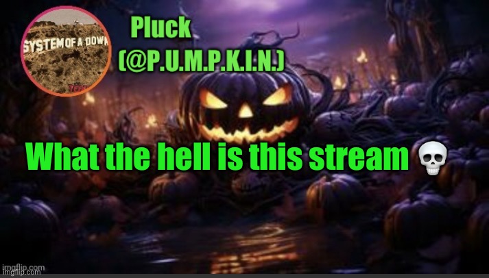 P.U.M.P.K.I.N. announcement (thanks corpse) | What the hell is this stream 💀 | image tagged in p u m p k i n announcement thanks corpse | made w/ Imgflip meme maker