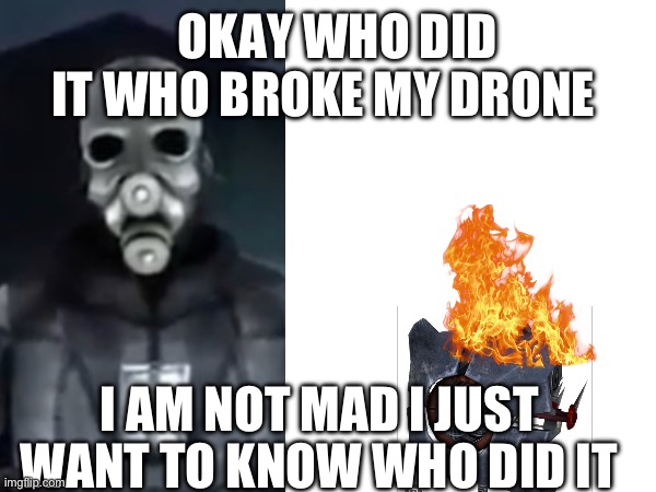 Who did it | OKAY WHO DID IT WHO BROKE MY DRONE; I AM NOT MAD I JUST WANT TO KNOW WHO DID IT | image tagged in half life | made w/ Imgflip meme maker