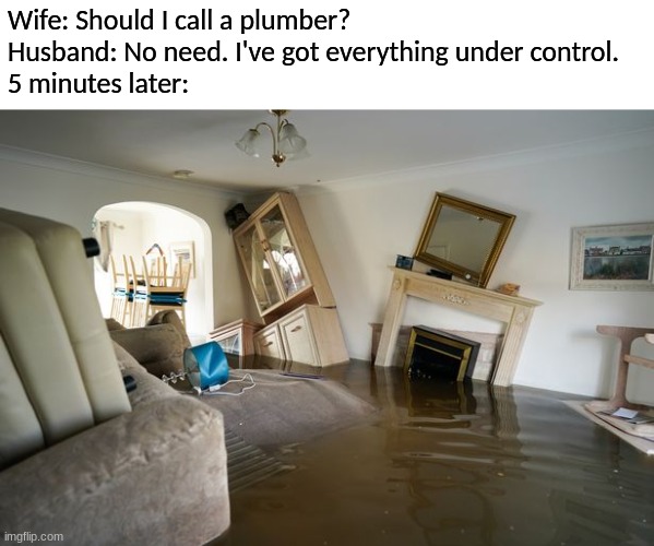Perfect motivation | Wife: Should I call a plumber?
Husband: No need. I've got everything under control.
5 minutes later: | image tagged in memes,funny,humor,plumbing,house | made w/ Imgflip meme maker
