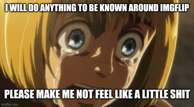 Please help me | I WILL DO ANYTHING TO BE KNOWN AROUND IMGFLIP; PLEASE MAKE ME NOT FEEL LIKE A LITTLE SHIT | image tagged in help me,this is related to anime pls feature,coz of the image,pls help me,thank you for reading the tags | made w/ Imgflip meme maker