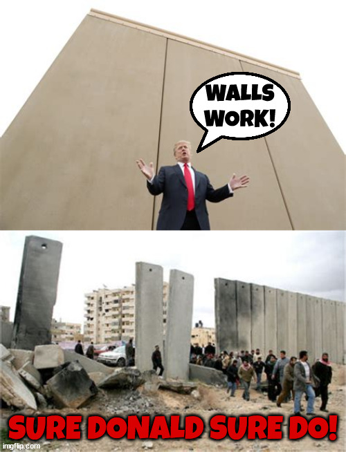 Walls Work! | WALLS WORK! SURE DONALD SURE DO! | image tagged in donald trump,israrli wall,palistine,war,netanyahu,maga | made w/ Imgflip meme maker