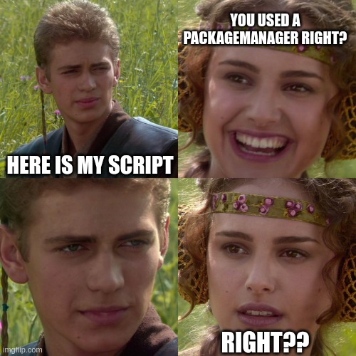Anakin Padme 4 Panel | YOU USED A PACKAGEMANAGER RIGHT? HERE IS MY SCRIPT; RIGHT?? | image tagged in anakin padme 4 panel | made w/ Imgflip meme maker