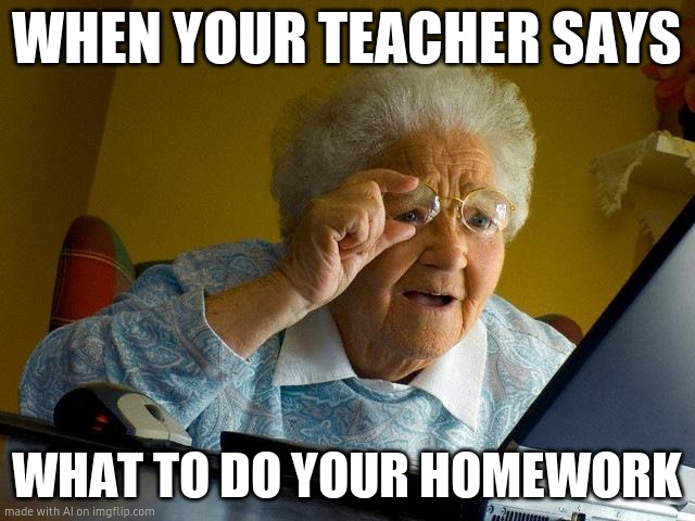 Grandma Finds The Internet | WHEN YOUR TEACHER SAYS; WHAT TO DO YOUR HOMEWORK | image tagged in memes,grandma finds the internet | made w/ Imgflip meme maker