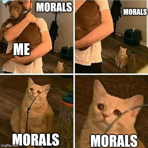 Me+morals | MORALS; MORALS; ME; MORALS; MORALS | image tagged in sad cat holding dog | made w/ Imgflip meme maker