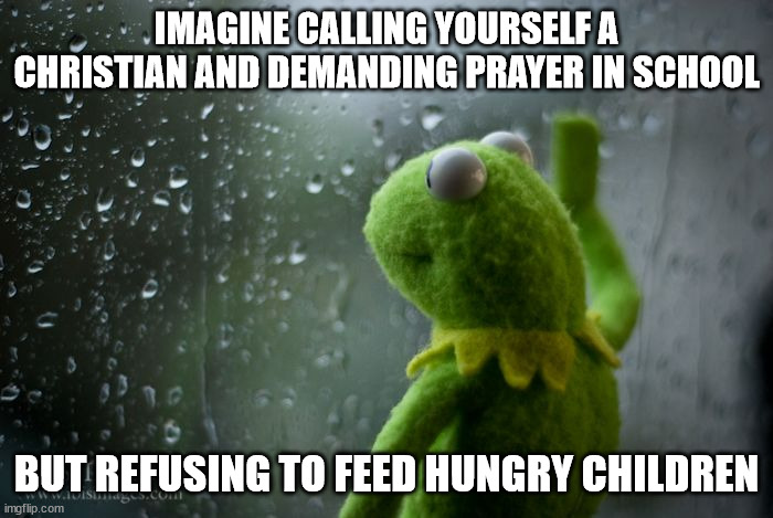 kermit window | IMAGINE CALLING YOURSELF A CHRISTIAN AND DEMANDING PRAYER IN SCHOOL; BUT REFUSING TO FEED HUNGRY CHILDREN | image tagged in kermit window | made w/ Imgflip meme maker