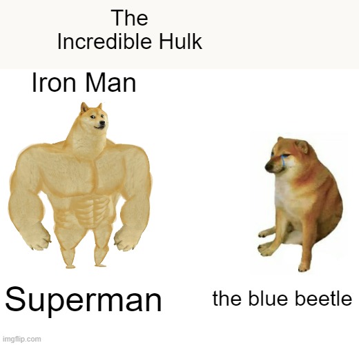 Some superhero names are just built different | The Incredible Hulk; Iron Man; Superman; the blue beetle | image tagged in memes,buff doge vs cheems,superheroes | made w/ Imgflip meme maker