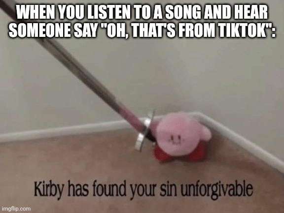This sin truly is unforgivable | WHEN YOU LISTEN TO A SONG AND HEAR SOMEONE SAY "OH, THAT'S FROM TIKTOK": | image tagged in memes,tiktok,kirby has found your sin unforgivable,music | made w/ Imgflip meme maker