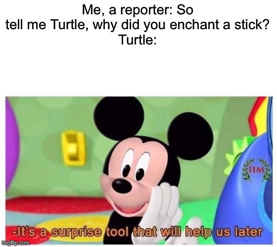 Turtle | Me, a reporter: So tell me Turtle, why did you enchant a stick?
Turtle: | image tagged in it's a surprise tool that will help us later | made w/ Imgflip meme maker