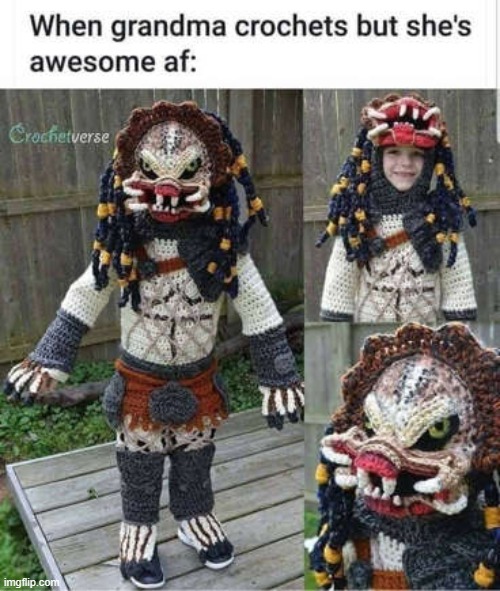 This is a really impressive costume, NGL | image tagged in grandma,crochet,costume,halloween,awesome | made w/ Imgflip meme maker