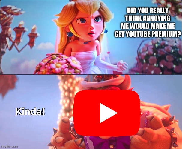 Passive aggressive YouTube premium ads | DID YOU REALLY THINK ANNOYING ME WOULD MAKE ME GET YOUTUBE PREMIUM? | image tagged in kinda | made w/ Imgflip meme maker