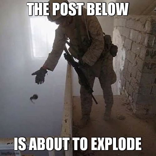 kaboom in 5 seconds | THE POST BELOW; IS ABOUT TO EXPLODE | image tagged in grenade drop | made w/ Imgflip meme maker