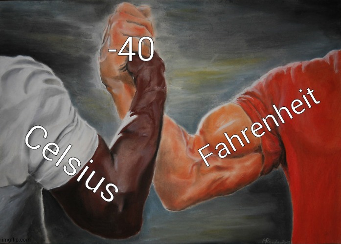Made this on my watch | -40; Fahrenheit; Celsius | image tagged in memes,epic handshake | made w/ Imgflip meme maker