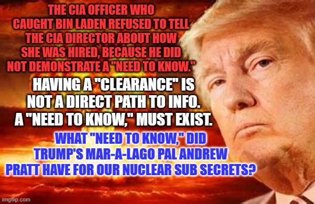 The lack of a legal Need to Know should cause a need to say "No!" | THE CIA OFFICER WHO CAUGHT BIN LADEN REFUSED TO TELL THE CIA DIRECTOR ABOUT HOW SHE WAS HIRED, BECAUSE HE DID NOT DEMONSTRATE A "NEED TO KNOW."; HAVING A "CLEARANCE" IS NOT A DIRECT PATH TO INFO. A "NEED TO KNOW," MUST EXIST. WHAT "NEED TO KNOW," DID TRUMP'S MAR-A-LAGO PAL ANDREW PRATT HAVE FOR OUR NUCLEAR SUB SECRETS? | image tagged in politics | made w/ Imgflip meme maker