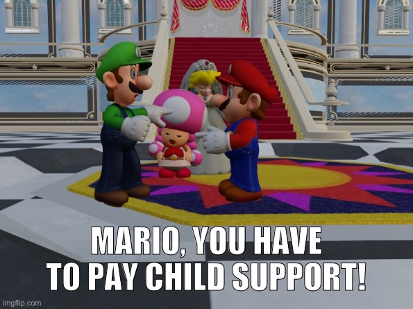 silly mario | MARIO, YOU HAVE TO PAY CHILD SUPPORT! | image tagged in mario,child support | made w/ Imgflip meme maker